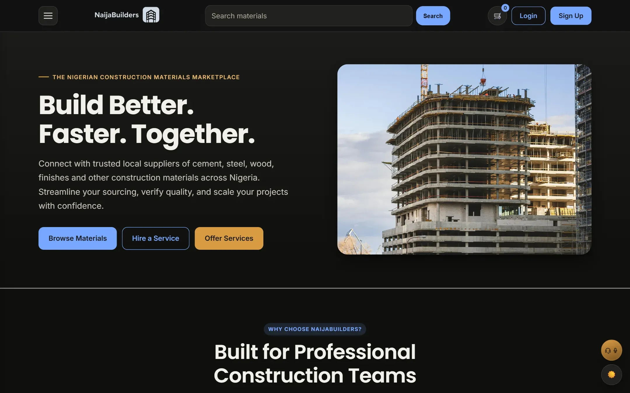 The NaijaBuilders marketplace in dark mode